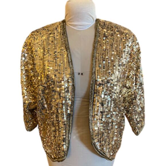 Sequin Evening Jacket Gold 3/4 Sleeves Sz. L Formal - Picture 1 of 8